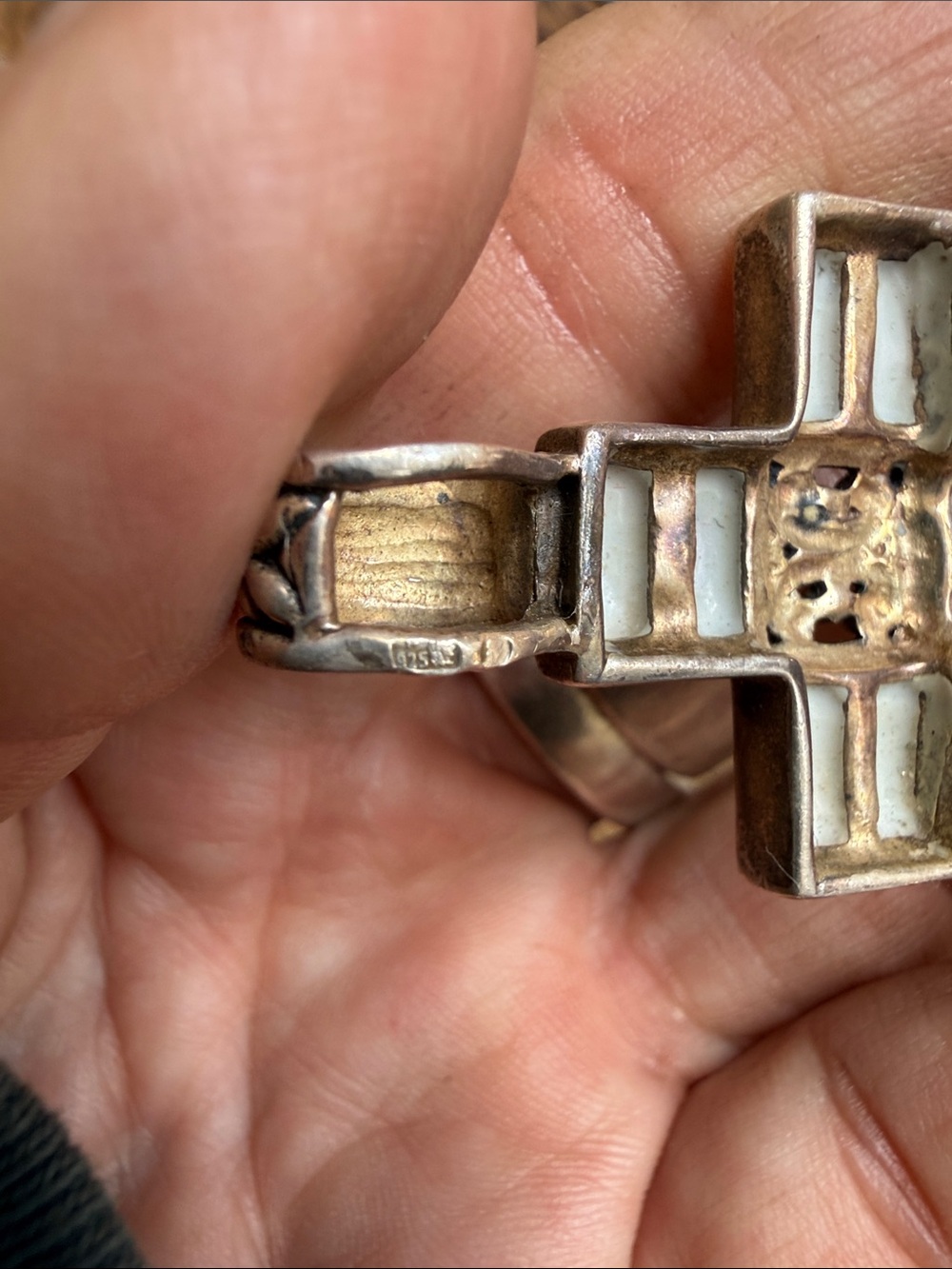 Vintage Sterling Silver 925 Mother of Pearl Cross Pendant Lg Artisan Religious - Picture 4 of 9
